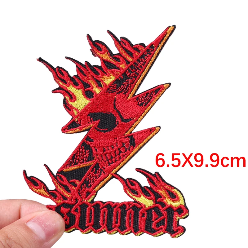 Fire Element Patch Rock Punk Embroidery Sewing Patch Iron On Patches For Clothing Scary Skull Letter Patches For Clothes Badges