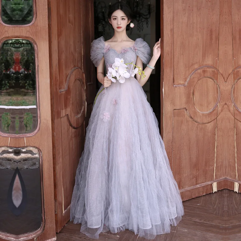 

Women's Evening Dress Light Luxury Appliques Square Neck Prom Dresses Temperament Short Sleeved Stage Performance Gowns