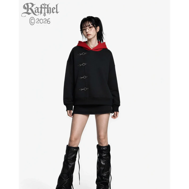 Koreanischer Instagram-Modetrend, Kontrastfarben, Nischen-Design mit Metallschnalle, Kapuzenpullover, schlichtes Retro-Oberteil im High-Street-Stil