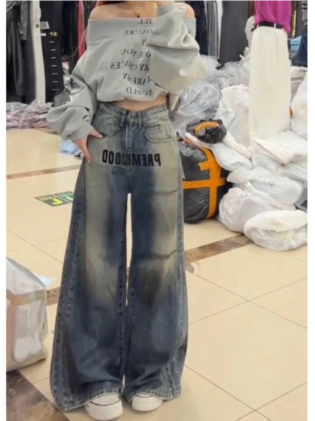 

Retro American Letter Print Straight Leg Denim Jeans Women's Spring Autumn Loose Lazy Style High Waist Wide Leg Long Pants