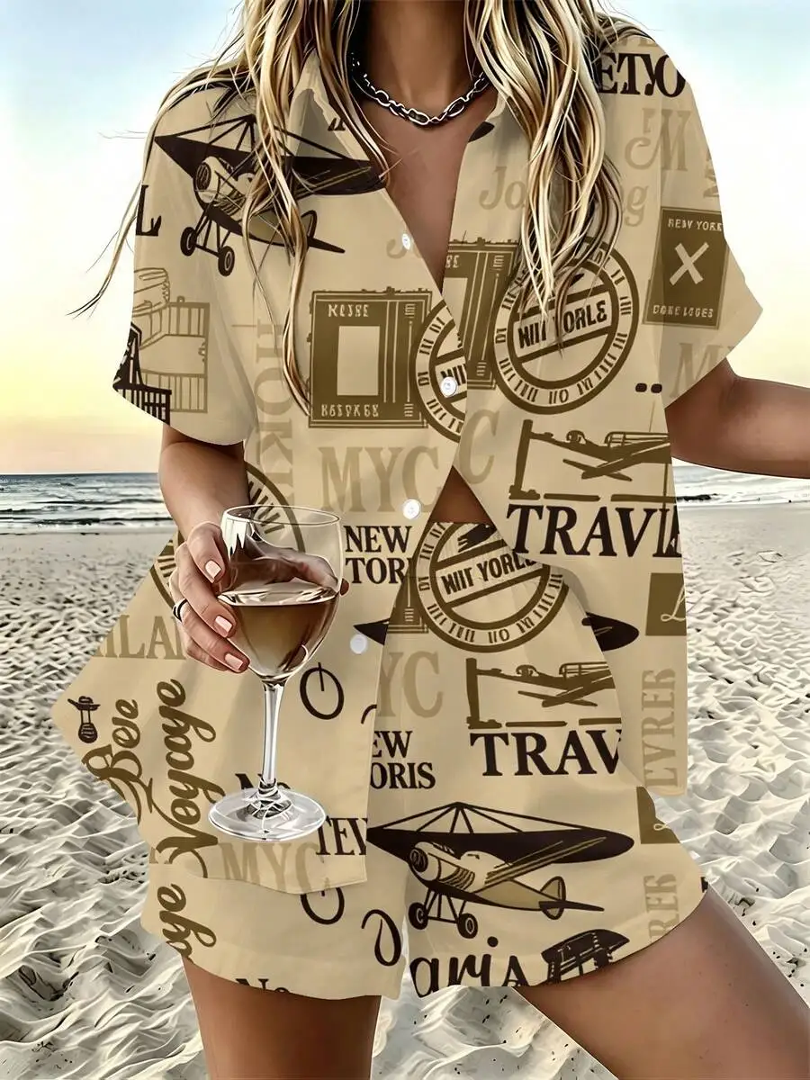 

Women Short Sleeve Shirt And Shorts Set Casual Beach Vacation Travel Airplane Print Summer Outfit
