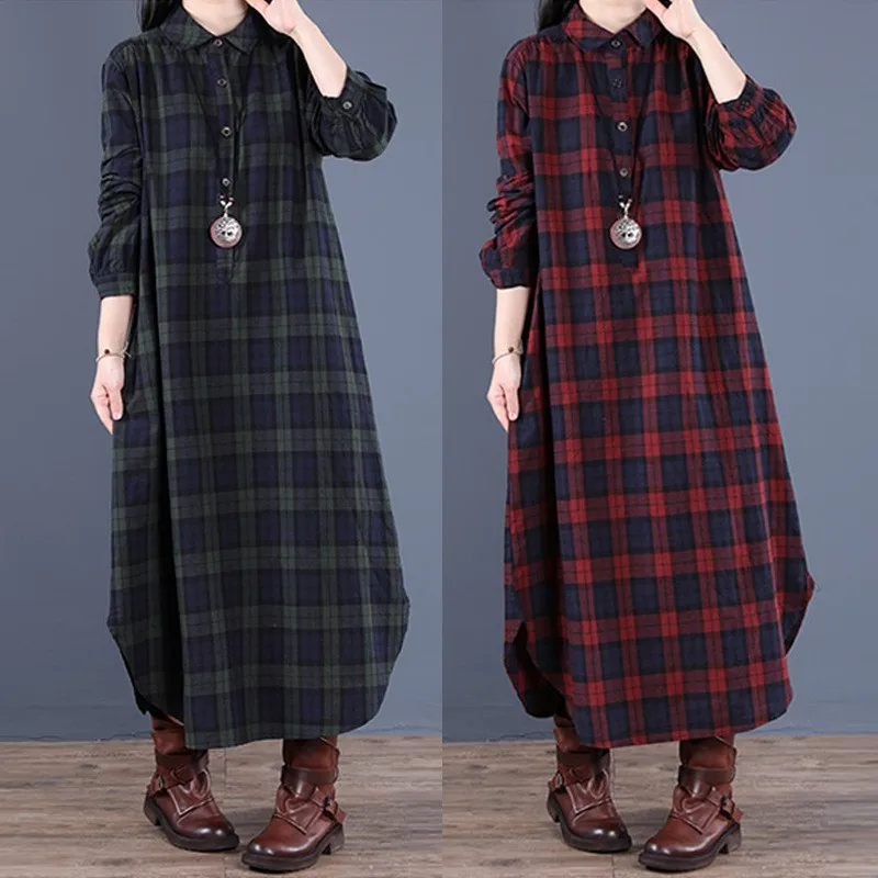 2024 Autumn Women's Korean Edition Loose Splicing Grid Cotton Hemp Collar Long Sleeve Medium length Shirt Dress for Women