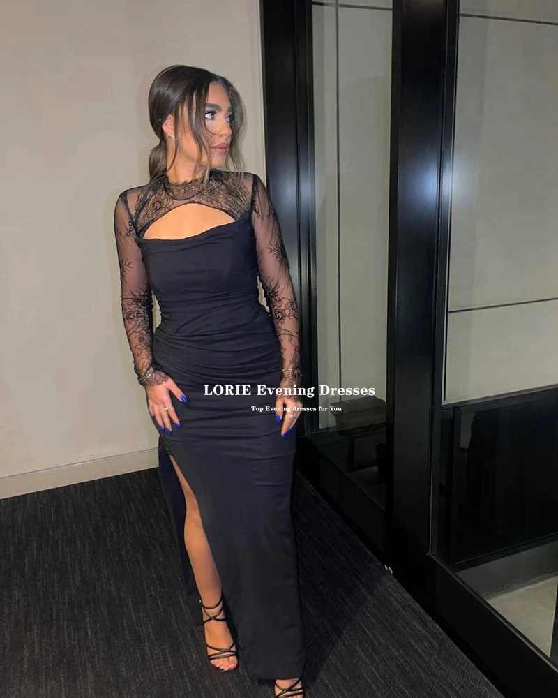 LORIE Long Sleeves Black Evening Dress Mermaid 2024 Lace Sleeves Dubai Prom Formal Party Dresses Custom made High Slit Gowns