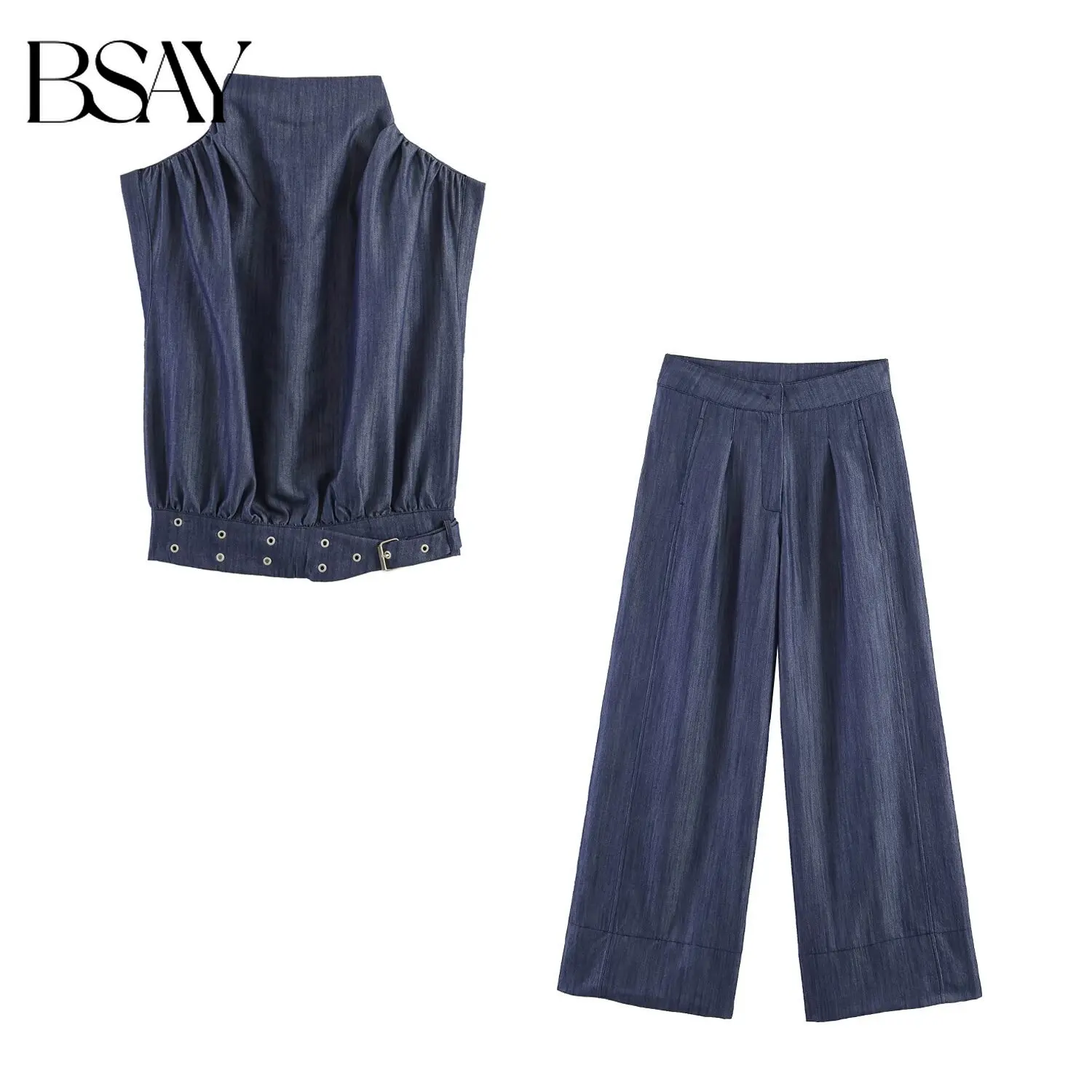 Conjunto de Dos Piezas para Mujer BSAY Fashion: Top Corto sin Mangas con Cuello Alto y Pantalones Anchos Plisados de Cintura Alta con Cinturón Metálico