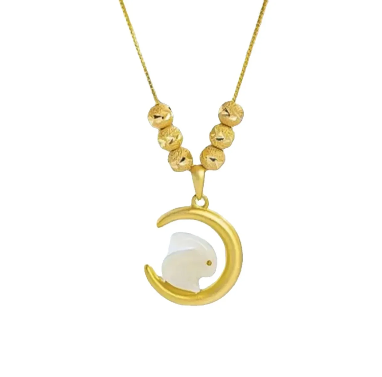 Boutique womens necklace AU999 gold 24K pure gold jade rabbit looking at the moon gold bead necklace cute fashion style clavicle