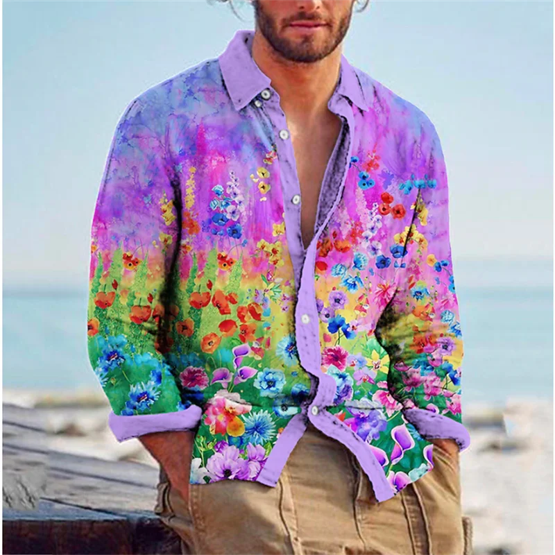 Camisa con solapa y botones para hombre, Tops de manga larga con estampado de flores, cárdigan informal de diseñador, S-6XL, nueva moda, 2023