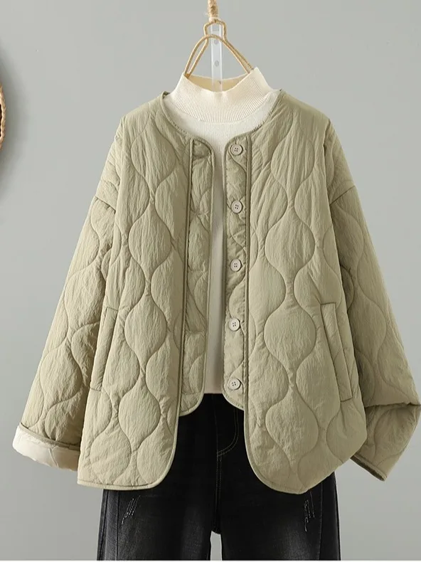 Fashionable Retro Lightweight Warm round Neck Cotton Jacket Women's Winter Lazy plus Size Loose Casual Slimming Short Coat