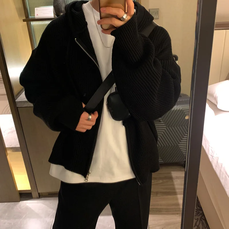 Korean version New Fashion Men's Solid Color Simple Basic Casual Trendy Loose Long Sleeve Knitted Sweater Cardigans Male Coats