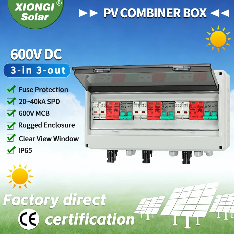 

HT 3 in 3 out 600V Solar photovoltaic PV Combiner Box DC With Lightning Protection 15/20/25/30/32A Fuse MCB SPD Waterproof IP65