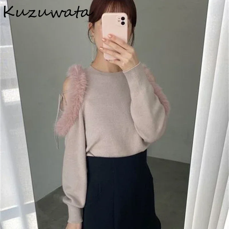 Kuzuwata French Loose Puff Sleeve Off Shoulder Jumper Fur Lace Up Patchwork Sexy Top Japan Pure Desire Wind Luxury Knit Pullover