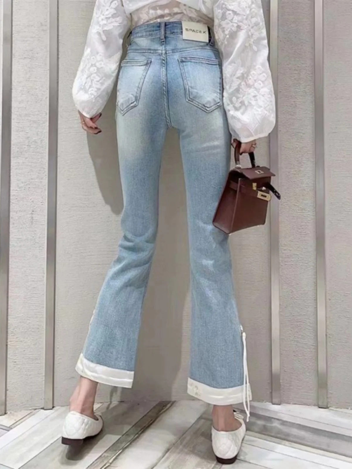 Ele High Waist Micro Flare Jeans Satin Patchwork Elastic Golden Button Tassel Nine Points Slimming Cotton Polyester Blend