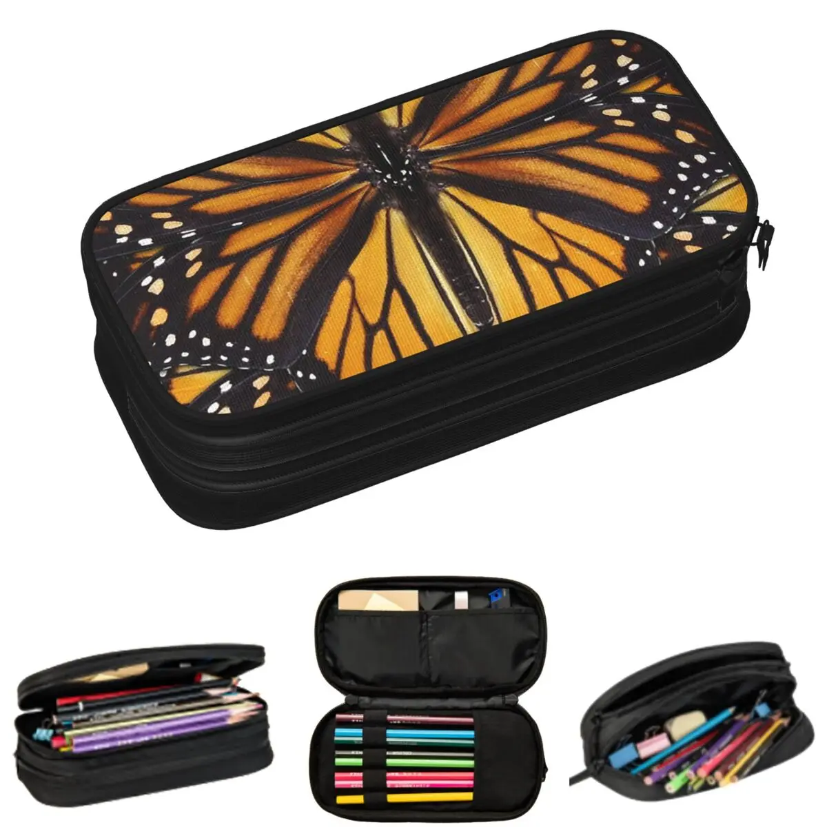 

Monarch Butterfly Wing Orange Wings And Golden Pencil Cases for Students School Pen Box Pencil Bag Large Capacity Pencil Pouch