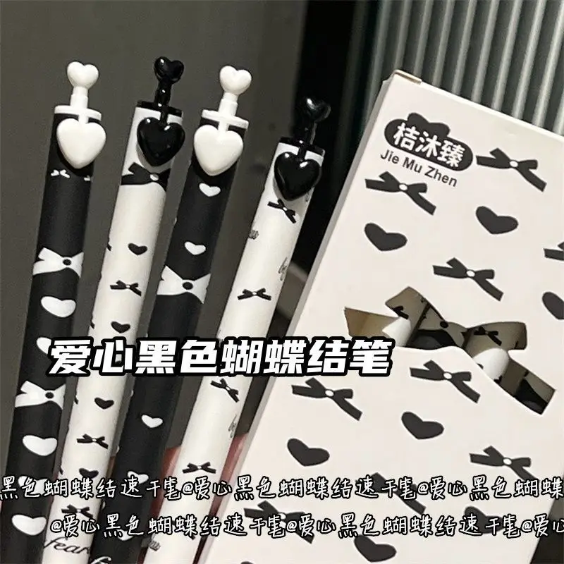 

8 Pcs (2 Sets) Love Black Bow Quick Drying Gel Pen Ins Wind High Value Girl Heart Press Type Student Exam Brush Pen