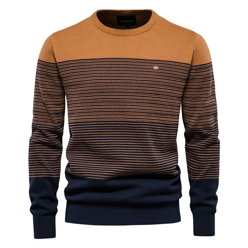 Autumn Vintage Top Long Sleeve Trendy Men's Sweater Slim Fit Round Neck Striped Knit Pullovers European Size