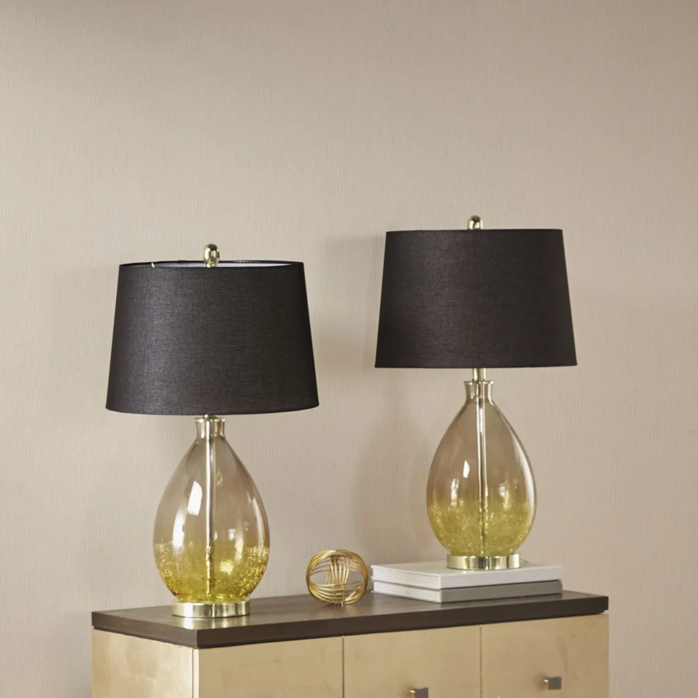 Cortina Ombre Glass Table Lamp, Set of 2,Metal and gold glass base,Black tapered drum lamp shade