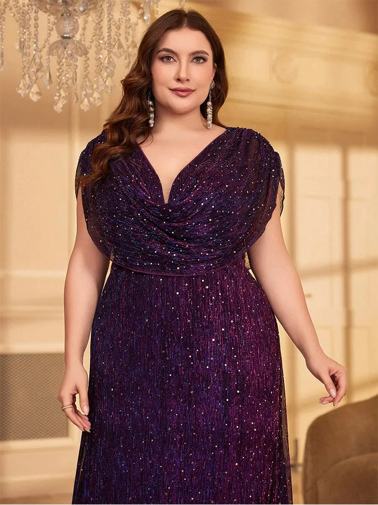 Plus Size V Neck Purple Polka Dot Shiny Evening Dress 4xl 5xl Big Size Big Size Sleeveless Banquet Party Evening Dress Women