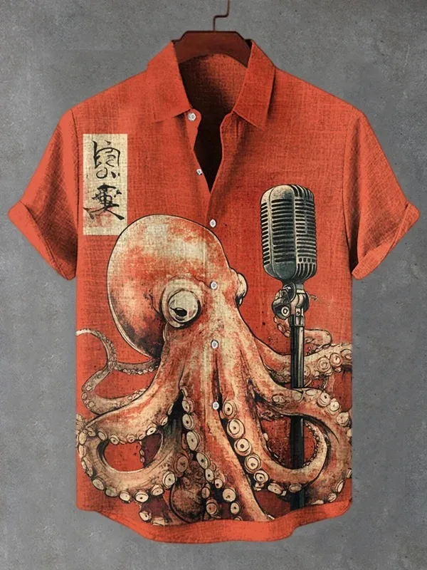 Herrenhemd, lässig, Oktopus, der Tee unter dem Kirschbaum trinkt, Kunstdruck, japanischer Stil, Urlaubs-Oberbekleidung, Vintage-Harajuku-Bluse