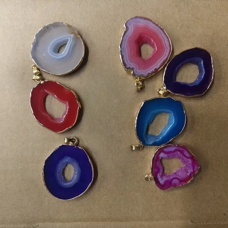 Wholesale Gold Wrapped Edge Irregular Hollow Agate Slice Natural Stone Pendant Charms Jewelry Making Accessories 6pcs/lot