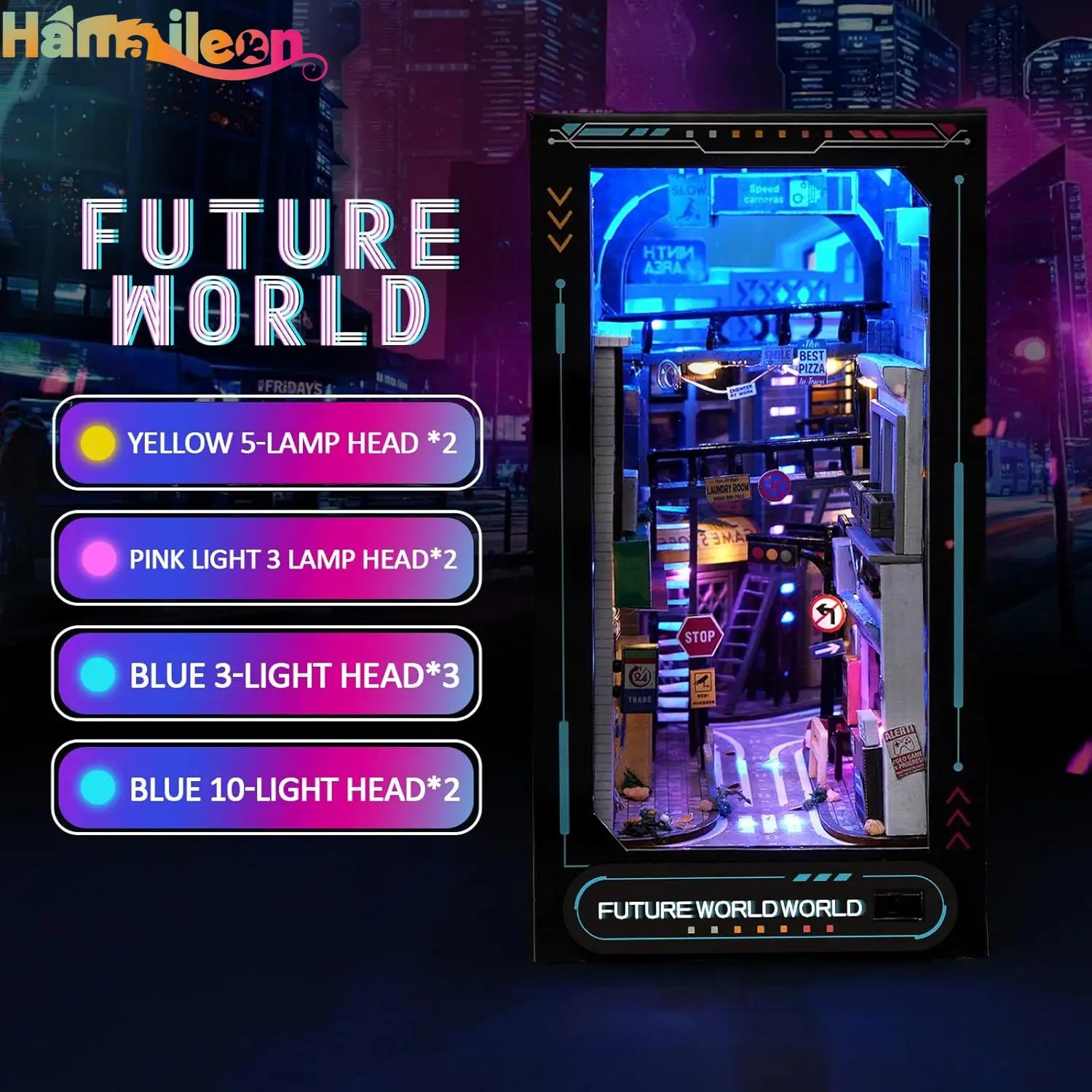 Hamaileon DIY rompecabezas de madera 3D Kit de rincón de libros, modelo de sujetalibros decorativo de inserción de estantería con luces LED (Cyberpunk)