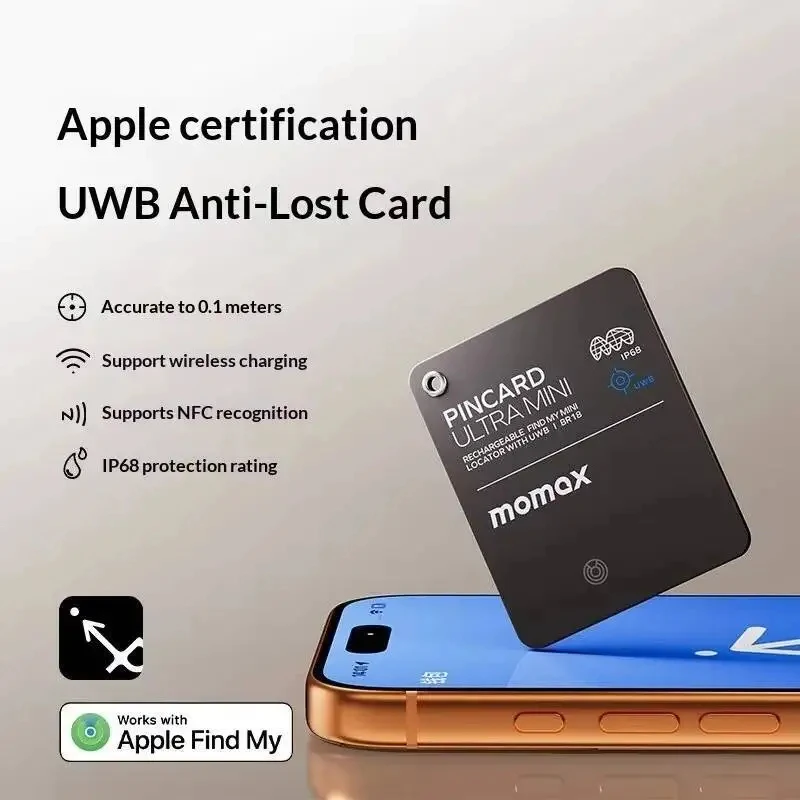 Original MOMAX PinCard Ultra Mini BR18 UWB Tracker 10cm Precision Find My Rechargeable IP68 Wireless Charging NFC for Wallet
