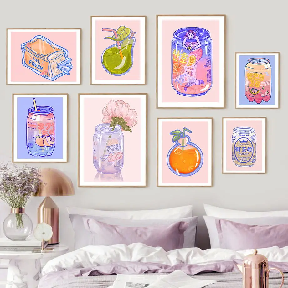 

Cartoon Bubble Tea Soda Drinks Fruit Juice Wall Art Canvas Painting Nordic Posters Prints Aesthetic Pictures Kitchen Room Decor