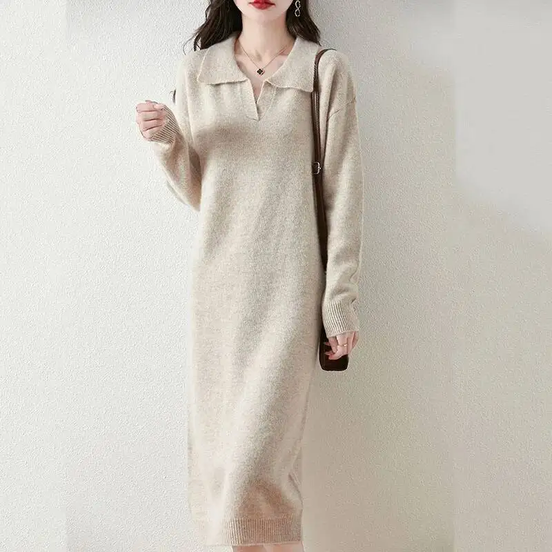 

Осень-зима, новые женские повседневные свободные платья миди с отложным воротником и длинными рукавами, модное утягивающее прямое трикотажное платье