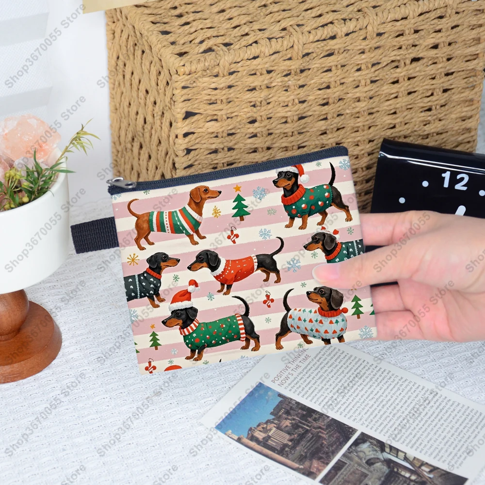 Christmas Snow Fun Dachshund Dog Pattern Coin Bag Women Key Earphone Cards Holder Christmas Tree Coin Purse Zipper Money Bag