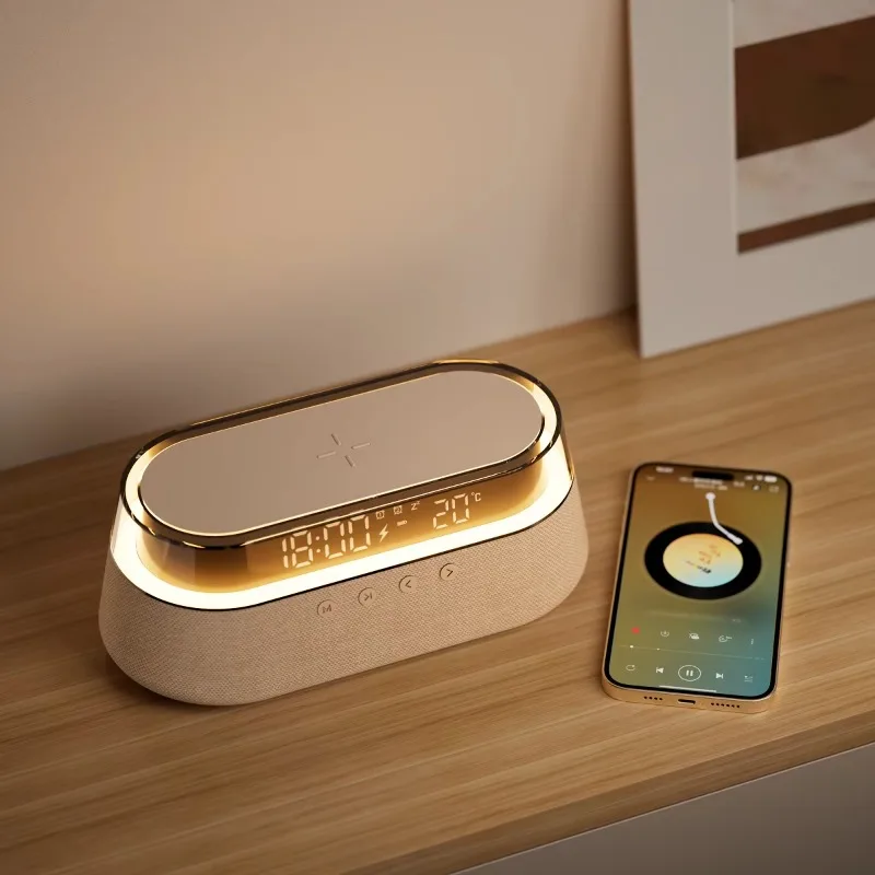 

Desktop speaker BT home radio beige bluetooth speaker with mobile phone charger temperature display