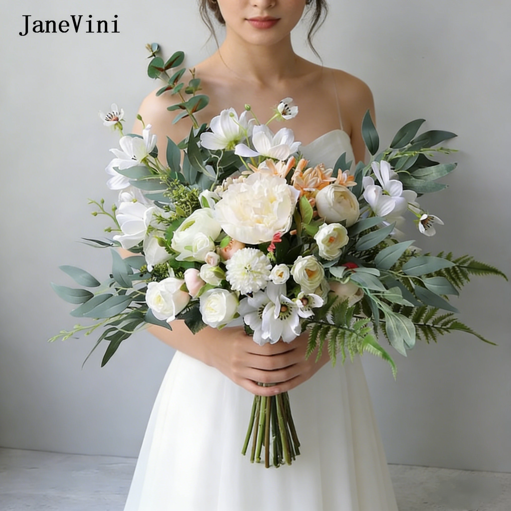 

Элегантные свадебные букеты JaneVini с белыми цветами в западном стиле, искусственные шелковые розы, зеленый эвкалипт, аксессуары для свадебного букета
