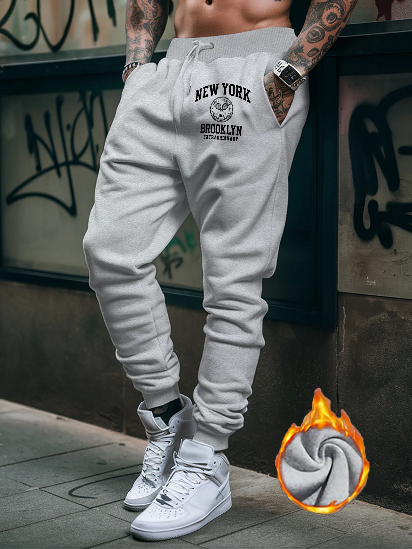 College‑style new york brooklyn badge graphic stylish tapered sweatpants men hip hop sports jogger trousers