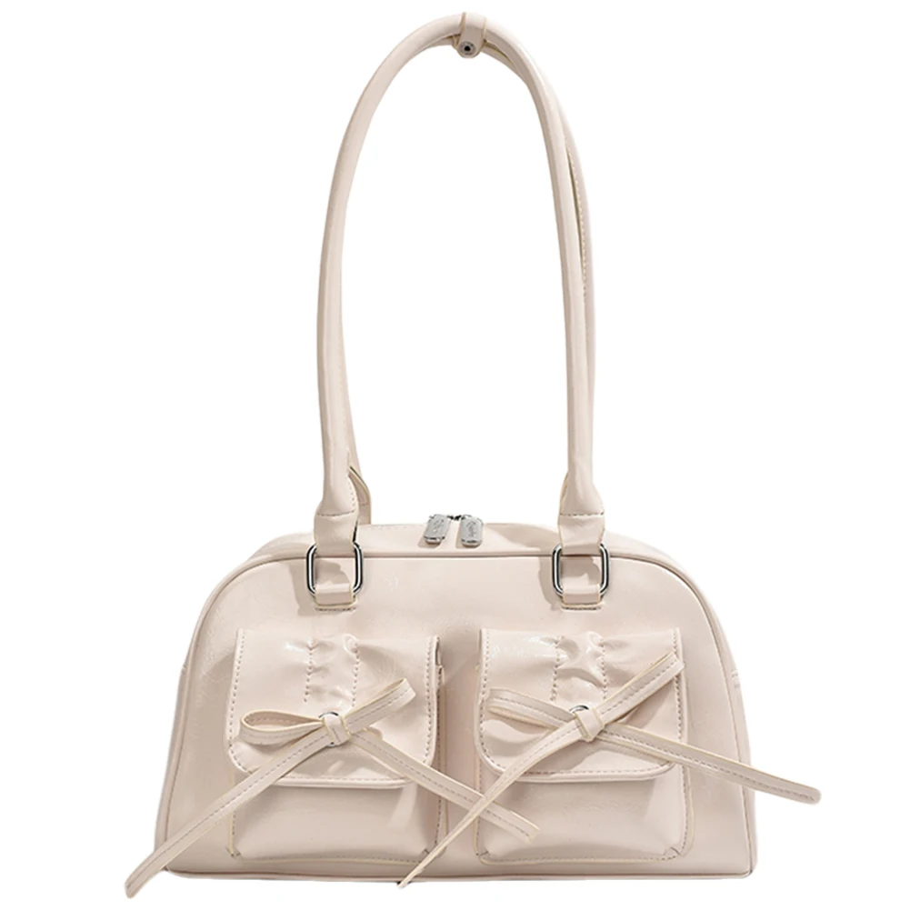 

Women Fashion Shoulder Bag Double Pockets PU Leather Daily Commuting Bag with Bow Small Tote Bag Solid Color for Travel Vacation