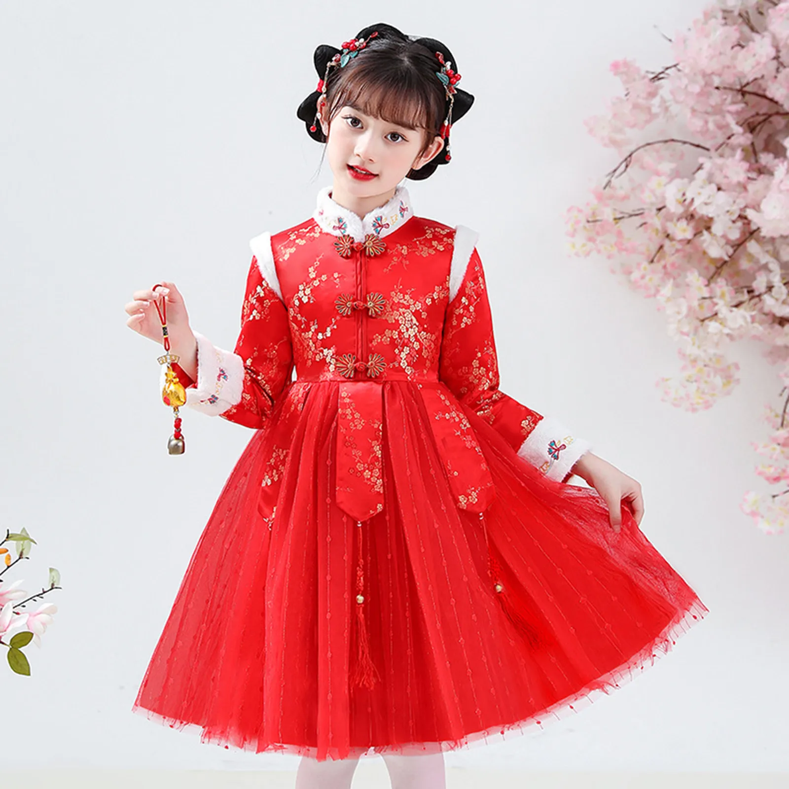 Toddler Kids Baby Girls Children Hanfu Dresses Chinese Calendar New Year Warm Princess Dresses Embroidery Tang Suit Performance