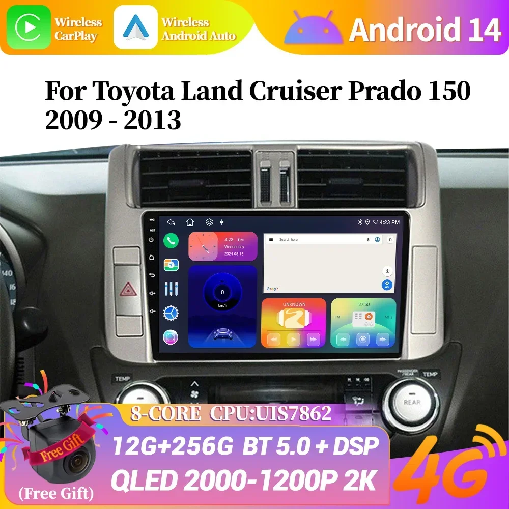 Wireless Bluetooth Carplay Stereo Screen Car Radio Multimedia Navigation Android 14 For Toyota Land Cruiser Prado 150 2009-2013