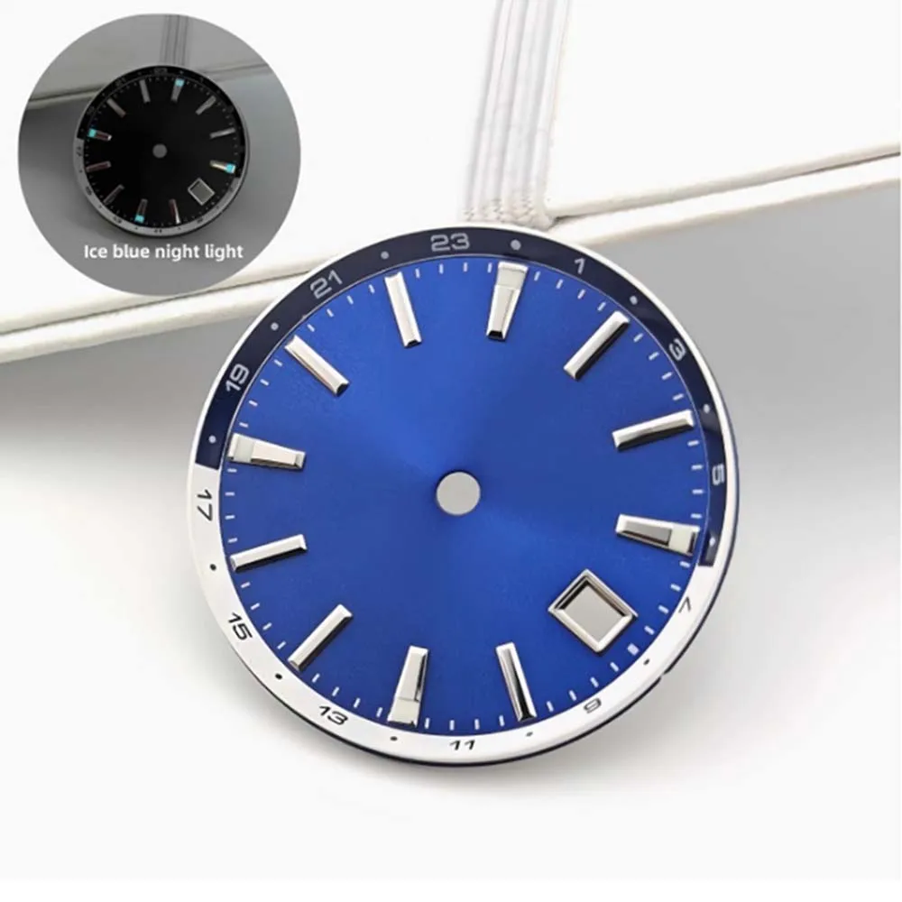 33 مللي متر ساعة الطلب الفضة الأظافر الأزرق مضيئة NH34 الطلب ل NH34 حركة تقويم واحد ساعة الوجه تعديل الملحقات