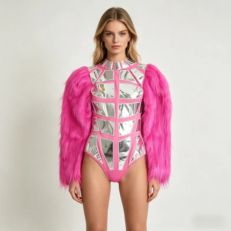 

Women Silver Laser Bodysuit Rose Fur Sleeves Stage Performance Dance Costume for Party Show Nightclub Bar Rave Stage Wear