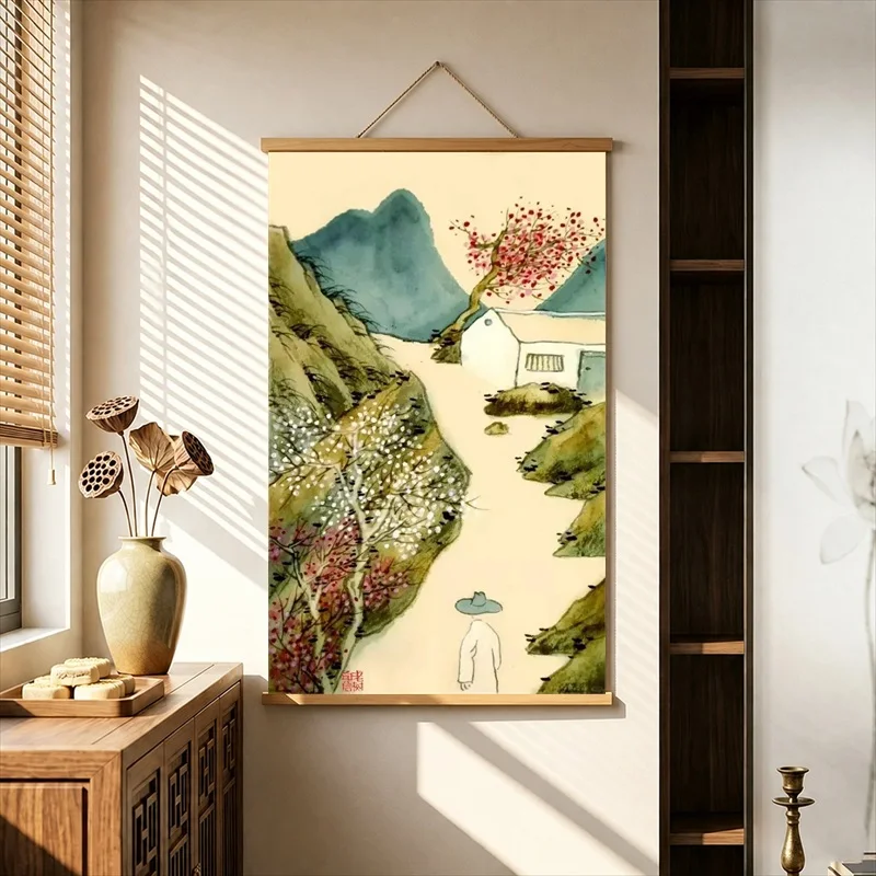 Wall Art Peaceful Garden Walks and Village Courtyards, Slow Living Pearlescent Canvas Hanging Scroll for Boutique Guesthouse