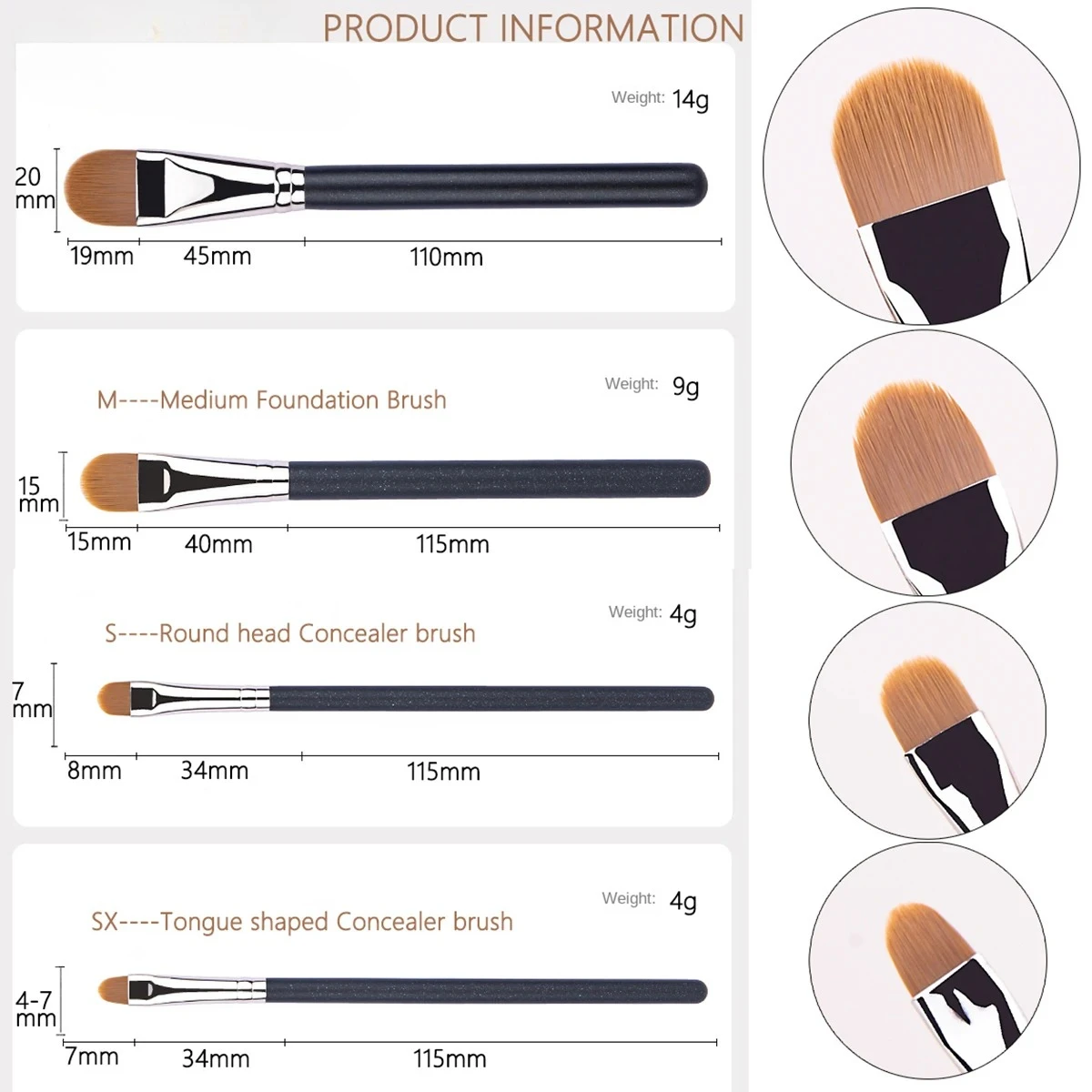 4 soorten maten Verbeterde ultradunne Foundation Concealer Make-upborstel Professionele vloeibare Foundation Cream Concealer Make-up Tool