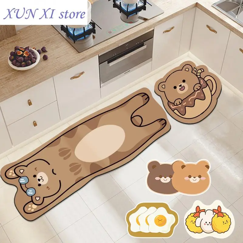 New Cartoon Bear Kitchen Mat Kawaii Animal Bedroom Carpet  Irregular Non Slip Bath Rug Bathroom Entrance Doormat Floor Mat Deco