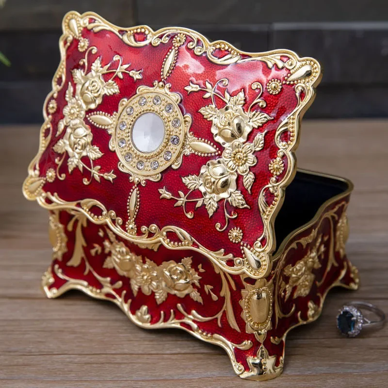 Vintage Rose Jewelry Box Zinc Alloy Luxury Storage Case Gold Embossed Organizer Box for Rings Earrings Necklace Home Decor Gift