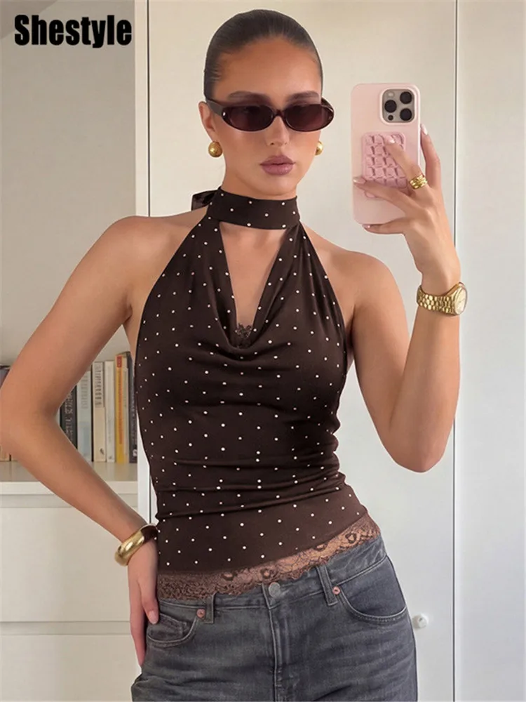 

Shestyle Backless Asymmetrical Dot Print Camis Women Sleeveless Lace Halter Bandage Swinging Collar Crop Tops Summer Y2K New