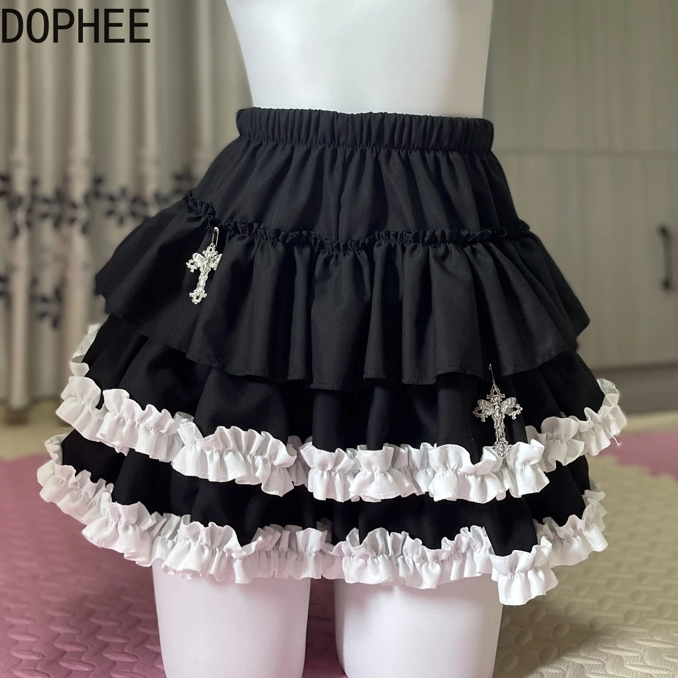 Original New Spring Summer Colorblock Maid Wind Lolita Cake Skirt Elastic Waist Subculture Cross Pendant Sweet Girl Puff Skirts