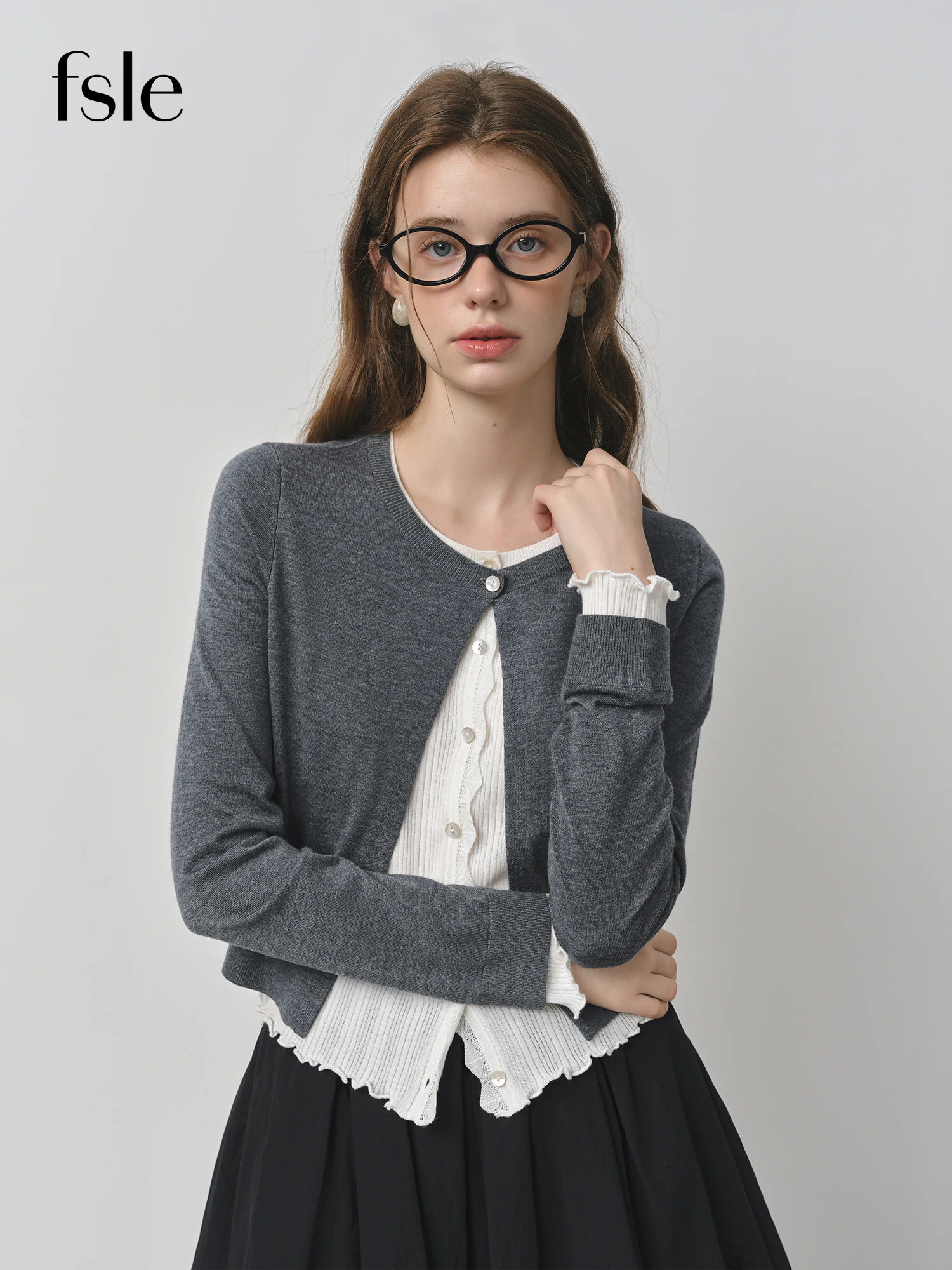

FSLE 2025 Autumn Korean Style Women's Fake Two-Piece Cardigan Mulberry Silk Wool Blend Color Block Knit Y2K Coquette 25FS13005