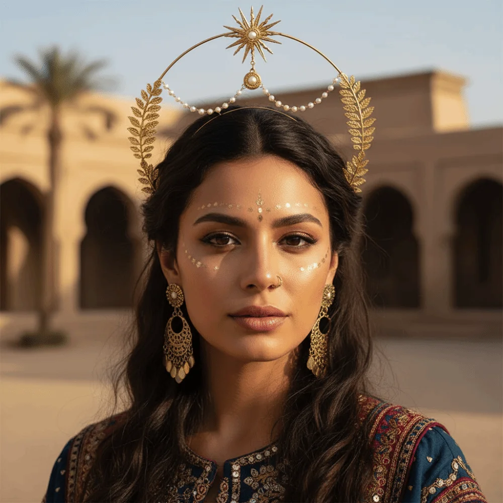 

Elegant Sun God Halo Headband Star Pearl Baroque Crown Fashion Show Hair Accessories Gold Tiara Headdress Hair Accessories