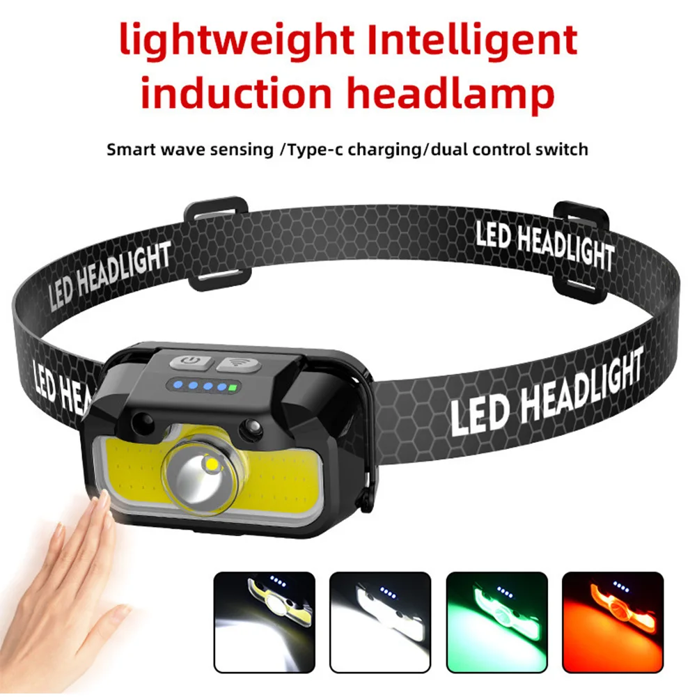 LED Motion Sensor Headlight with White Red Green Bright Head Lamp Adjustable Outdoor Head Flashlight for Running Jogging Fishing