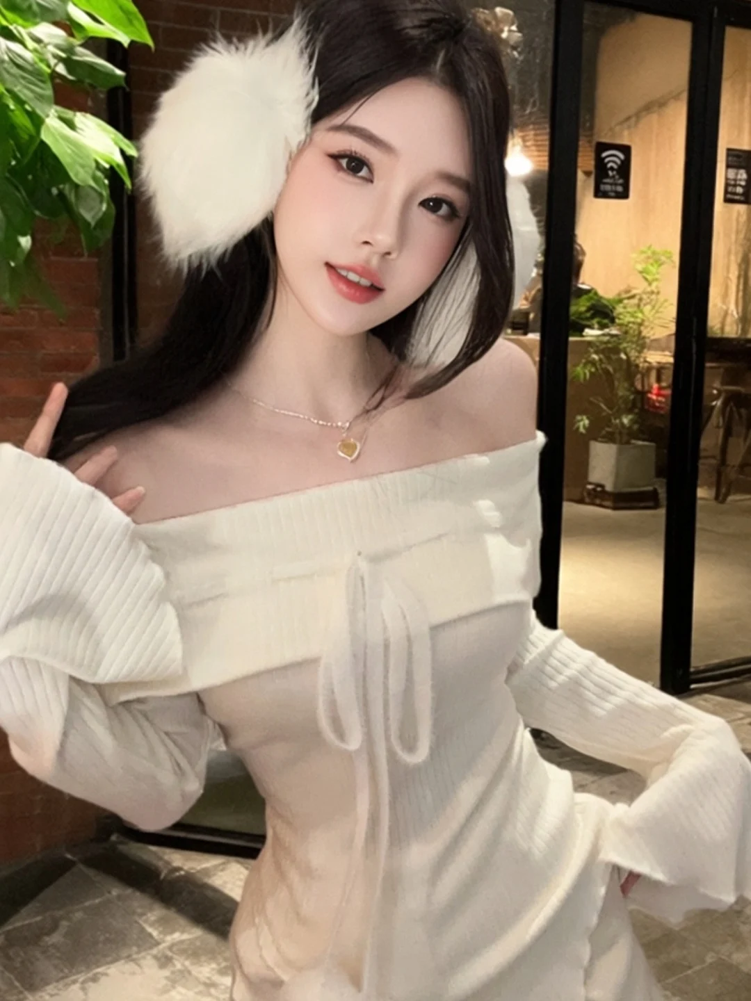 

Autumn Winter Korean Style Pure Desire Slim Fit One Shoulder Knitted Sweater Top Women New Year Atmosphere Feeling Fashion