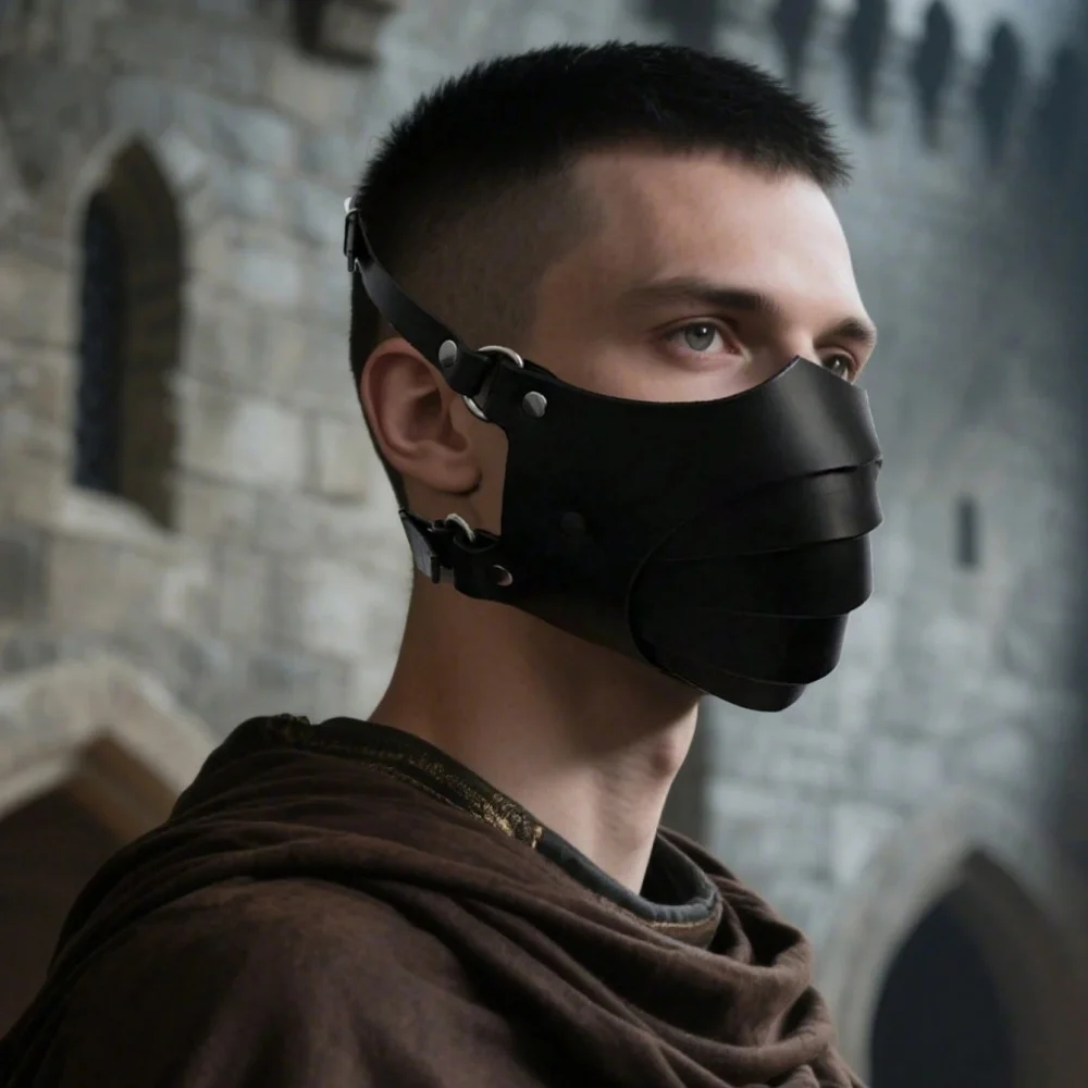 Medieval Viking Half-Face Halloween Cosplay PU Mask Adjustable Motorcycle Cyber Black Anti-Dust Face Mask Accessories Larp Props