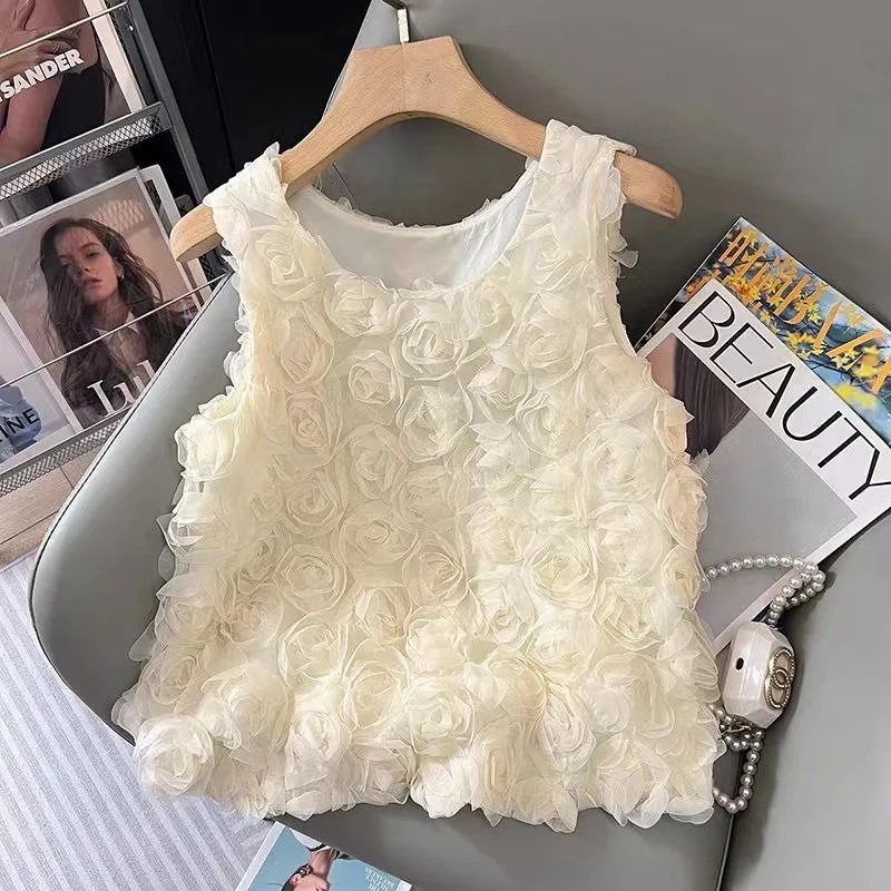 

Women Clothing Summer Korean Fashion Trend Jacquard Solid Color O-neck Sleeveless Femme Fashionable Chiffon Temperament Tank Top