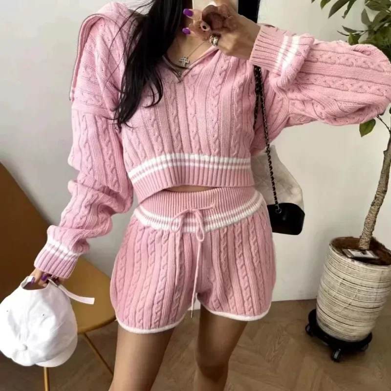 Women Ribbed Polo Neck Pullovers And High Waist Drawstring Shorts Set Two Pieces Casual Office Suit For Women Autumn Winter