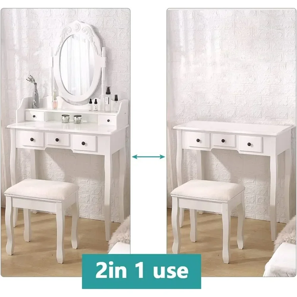 Dresser Mirror Table Set, Dressing Table with Stool, Vintage Bedroom Dresser, Storage Dresser White Dresser Chest