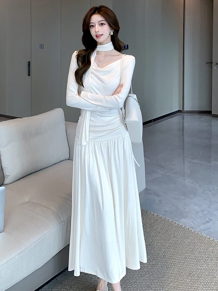 Neue Frühling Herbst Casual Süße Stretchy Oansatz A-Line Lange Kleid Frauen Kleidung Chic Elegante Solide Langarm Falten Robe Vestido